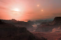 Zachód trzech słońc na Gliese 667 Cc. Artysta: L. Calçada