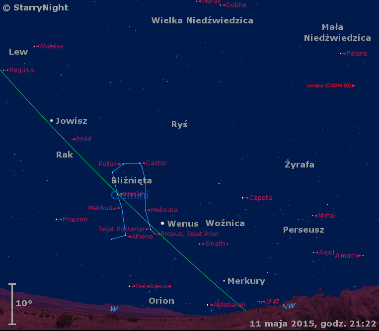 Położenie Wenus, Jowisza i Merkurego oraz Komety Lovejoya  na początku drugiej dekady maja 2015 r.