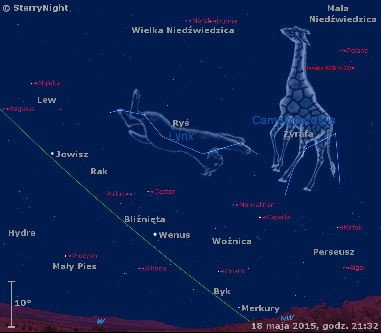 Położenie Księżyca, Wenus, Jowisza i Merkurego oraz Komety Lovejoya  w trzecim tygodniu maja 2015 r.