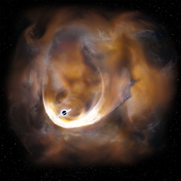 Koncepcja artystyczna chmur rozrzuconych przez czarną dziurę o średniej masie.