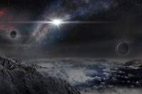 Koncepcja artystyczna supernowej ASASSN-15lh widzianej z planety znajdującej się 10000 lat świetlnych od niej.
