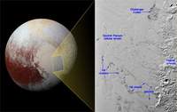 Zbliżenie na Plutona, obszaru o wymiarach ok. 500 na 340 km pokazuje liczne pojedyncze wzgórza wewnątrz równiny Sputnik Planum, które mogą być fragmentami lodu wodnego z okolicznych wyżyn.