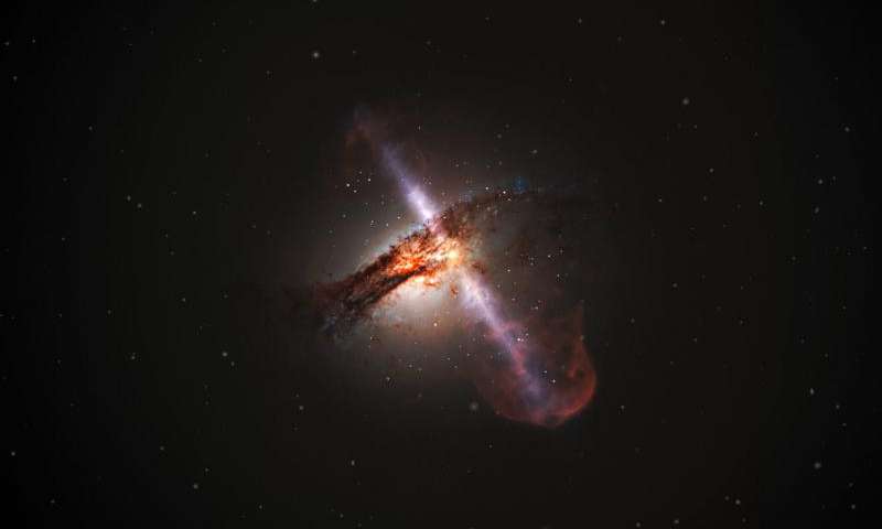 Ilustracja galaktyki z dżetami z supermasywnej czarnej dziury.